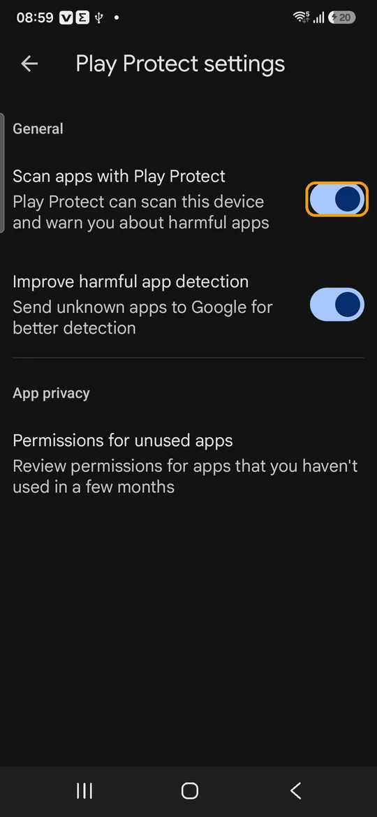 Play Protect settings with the Scan apps with Play Protect switch highlighted