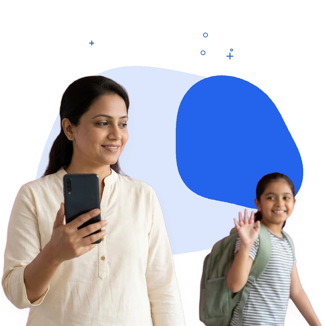 A mother reads her phone with a small relieved smile while her daughter, further away, waves on her way to school.