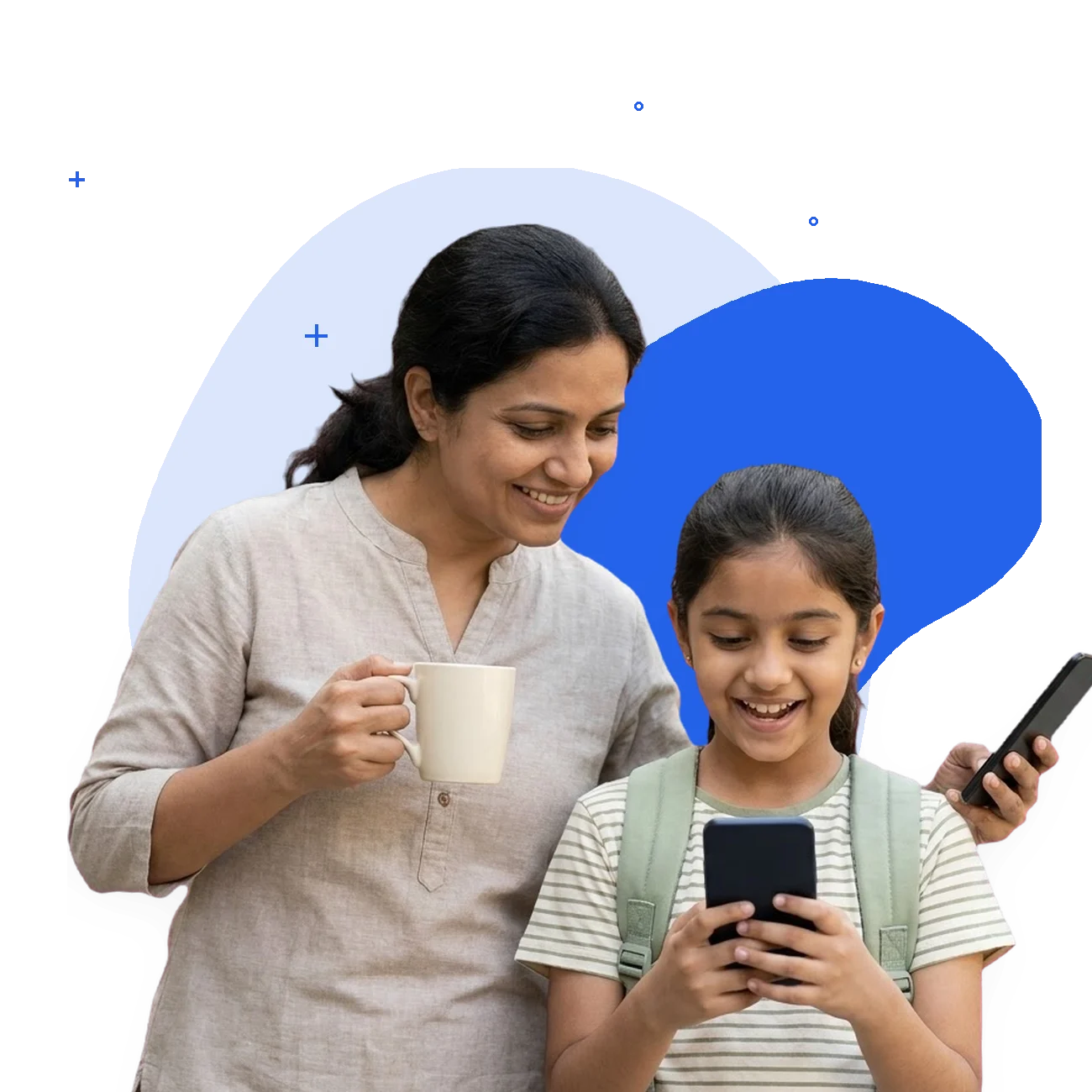 A mother with her own phone and a cup of tea beside her daughter, who is looking at hers before school.